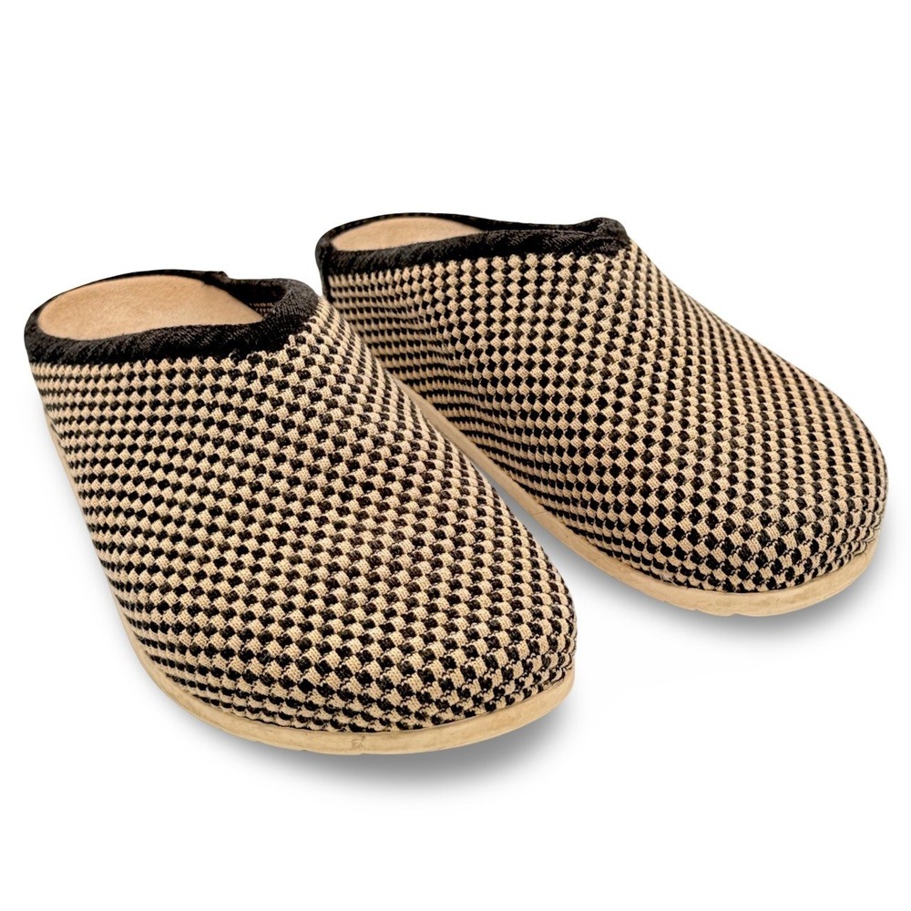 Rothys Womens 8 The Hemp Casual Clog Toffee Checkered Knit Cream Tan Black Trim